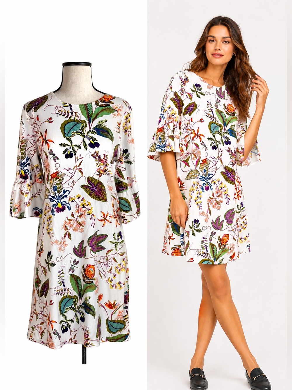 H&M White Floral Print Dress Size 8 Flutter Sleeve Mini Dress Boho Cottagecore